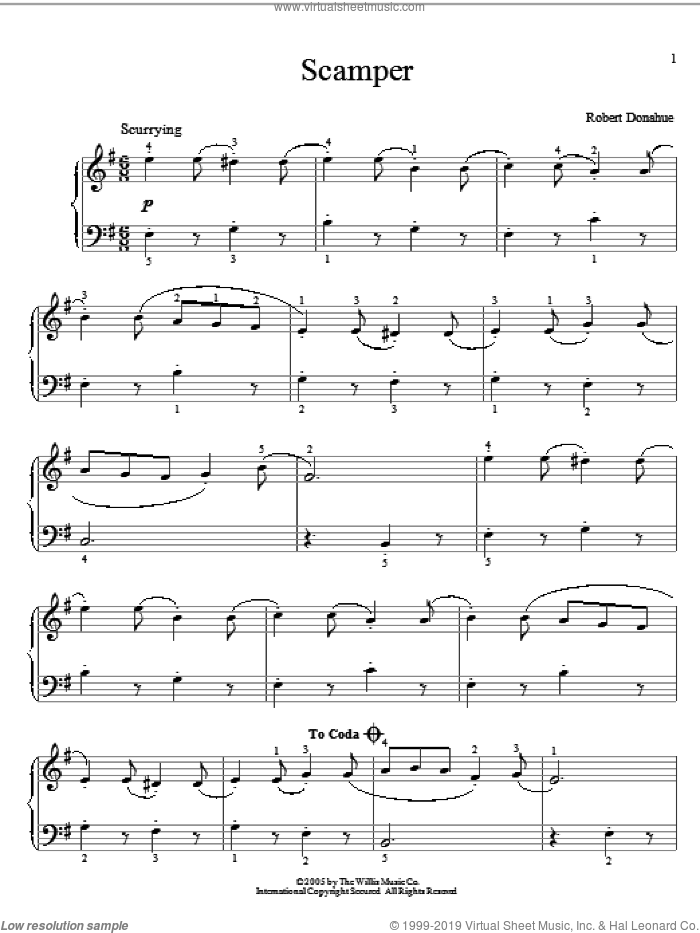 Scamper sheet music for piano solo (elementary) by Robert Donahue, beginner piano (elementary)