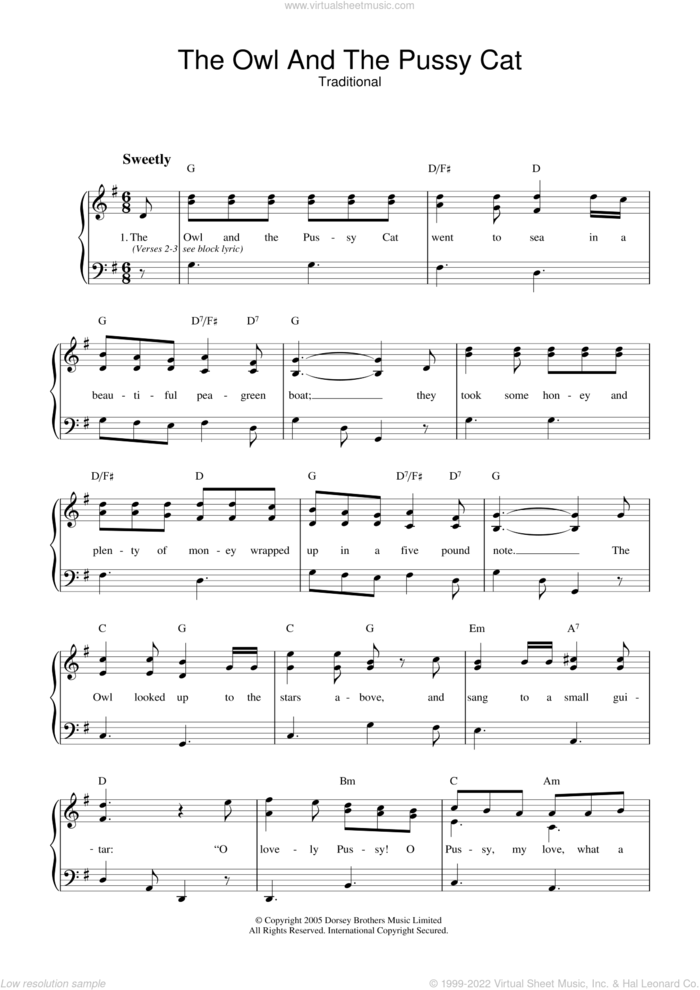 The Owl And The Pussy Cat sheet music for voice and piano, intermediate skill level