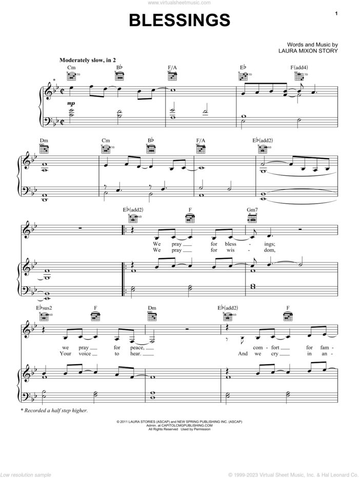 Blessings sheet music for voice, piano or guitar by Laura Story and Laura Mixon Story, intermediate skill level