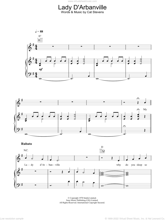 Lady D'Arbanville sheet music for voice, piano or guitar by Cat Stevens, intermediate skill level