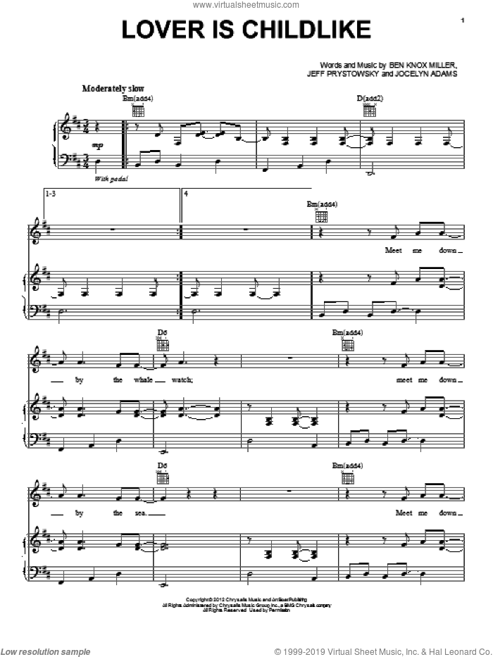 Lover Is Childlike sheet music for voice, piano or guitar by The Low Anthem, Ben Knox Miller, Hunger Games (Movie), Jeff Prystowsky and Jocelyn Adams, intermediate skill level