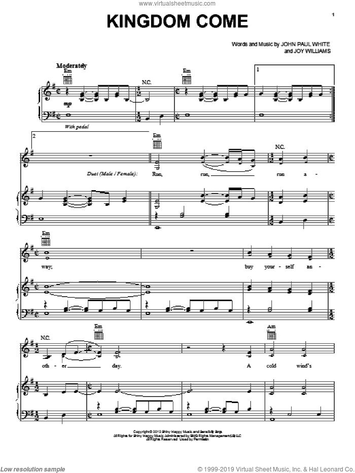 Kingdom Come sheet music for voice, piano or guitar by The Civil Wars, Hunger Games (Movie), John Paul White and Joy Williams, intermediate skill level