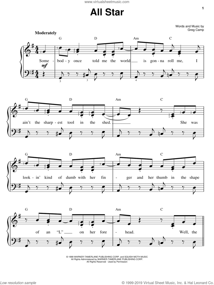 All Star sheet music for piano solo by Smash Mouth and Greg Camp, easy skill level