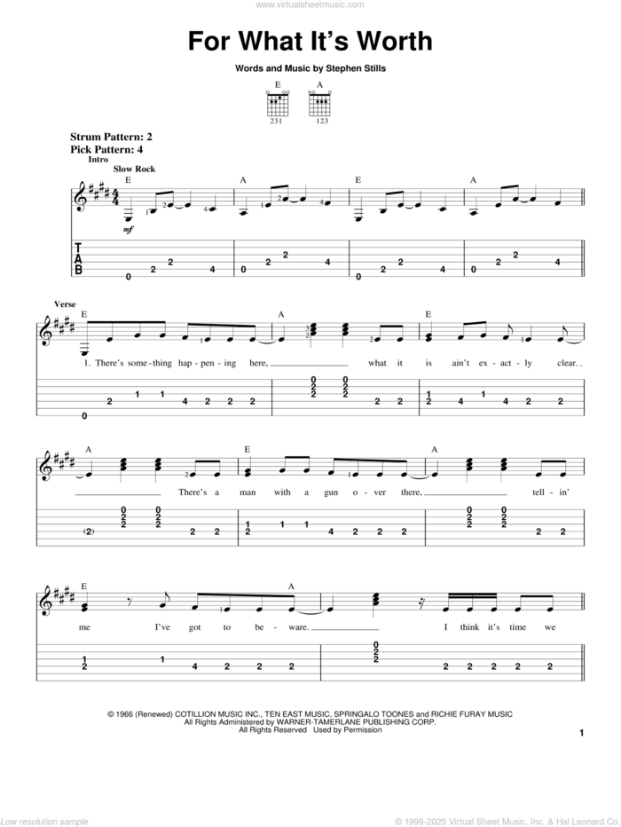 For What It's Worth sheet music for guitar solo (easy tablature) by Buffalo Springfield and Stephen Stills, easy guitar (easy tablature)