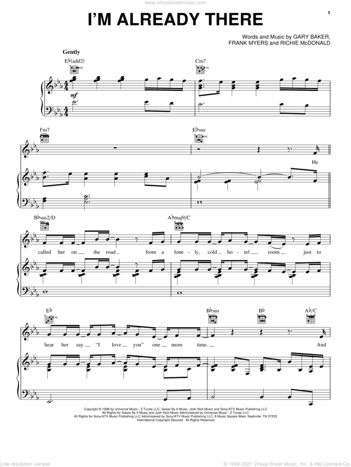 I'm Already There sheet music for voice, piano or guitar by Lonestar, Frank Myers, Gary Baker and Richie McDonald, intermediate skill level