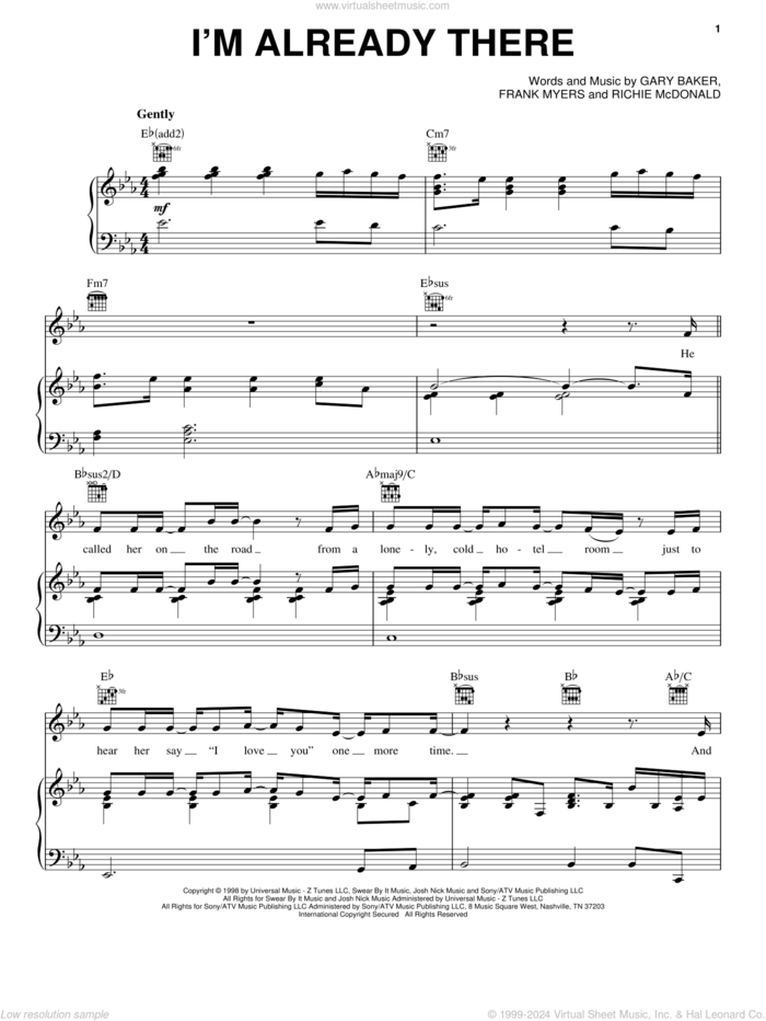 I'm Already There sheet music for voice, piano or guitar by Lonestar, Frank Myers, Gary Baker and Richie McDonald, intermediate skill level