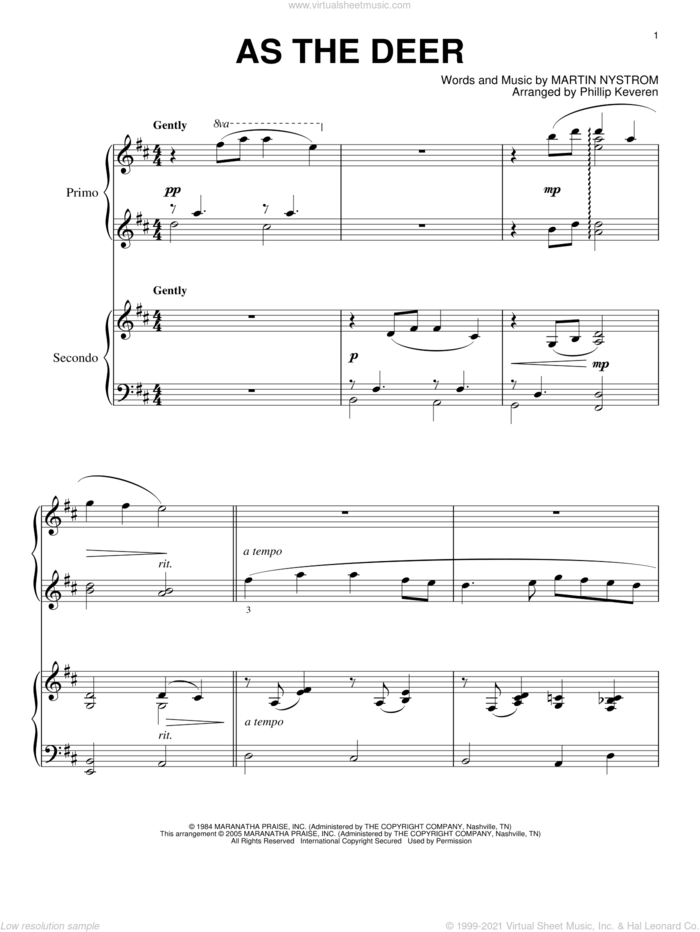 As The Deer (arr. Phillip Keveren) sheet music for piano four hands by Phillip Keveren and Martin Nystrom, intermediate skill level