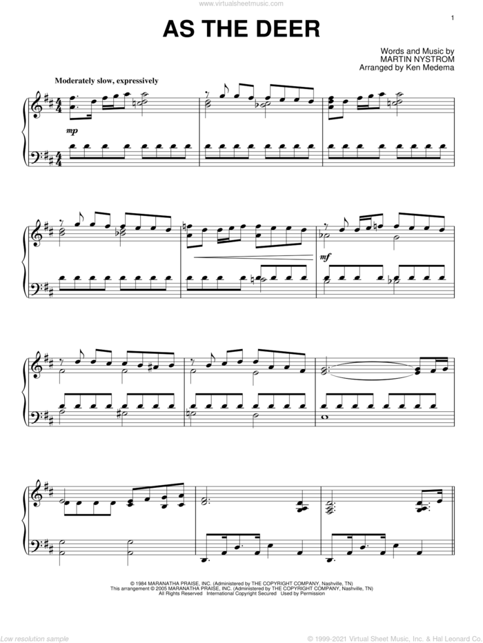 As The Deer, (intermediate) sheet music for piano solo by Martin Nystrom and Ken Medema, intermediate skill level