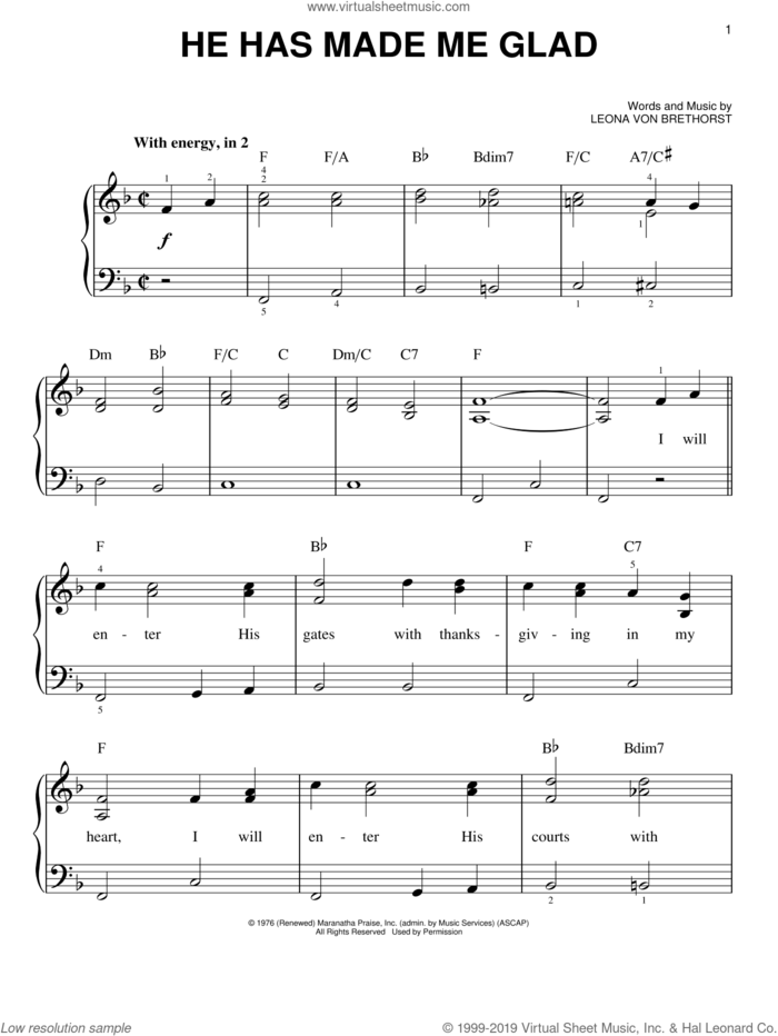 He Has Made Me Glad sheet music for piano solo by Leona Von Brethorst, easy skill level