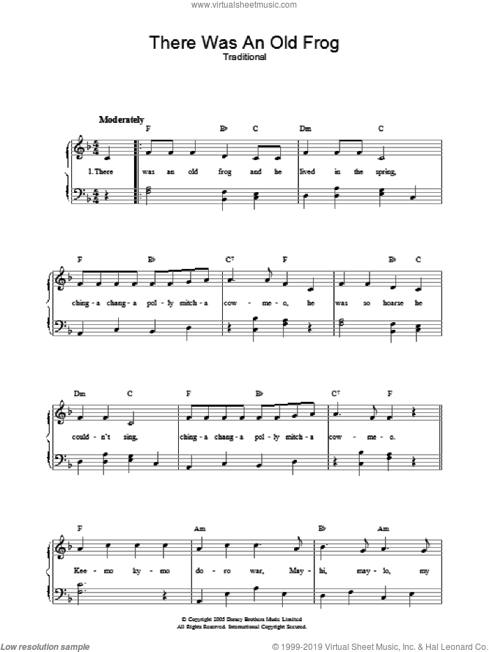 There Was An Old Frog sheet music for voice, piano or guitar, intermediate skill level
