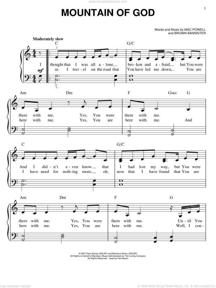 Mountain of God sheet music for piano solo by Third Day, Brown Bannister and Mac Powell, easy skill level