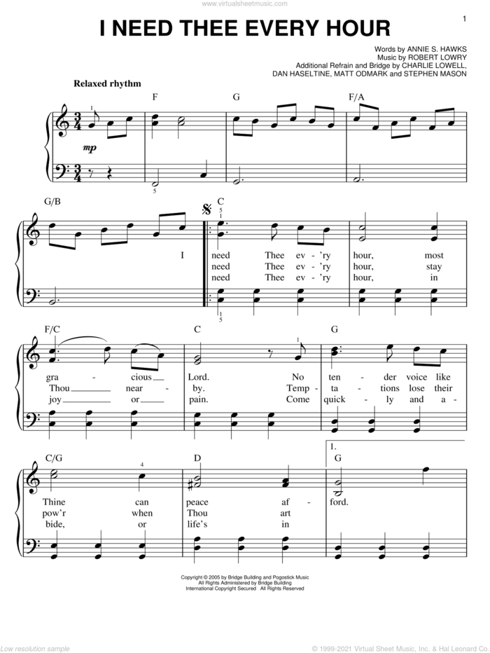 I Need Thee Every Hour sheet music for piano solo by Jars Of Clay, easy skill level