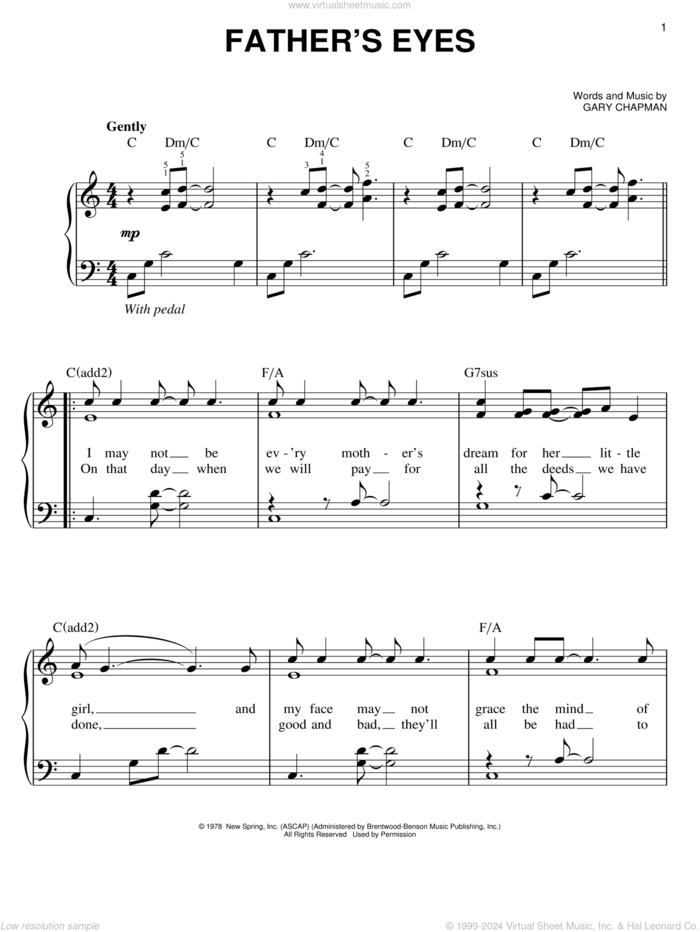 Father's Eyes sheet music for piano solo by Amy Grant and Gary Chapman, easy skill level