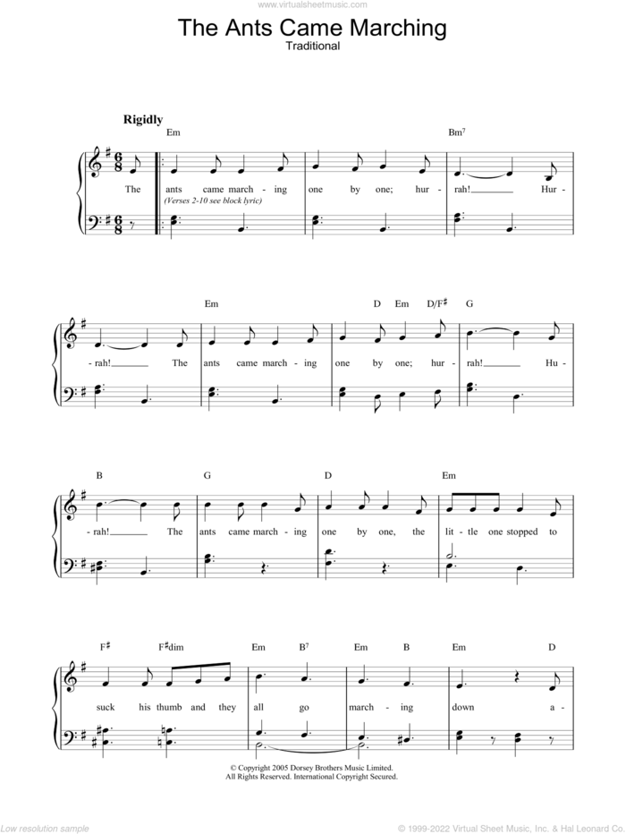 The Ants Came Marching sheet music for voice, piano or guitar, intermediate skill level