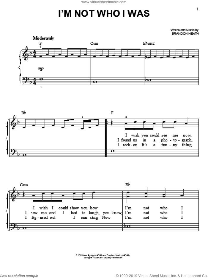I'm Not Who I Was sheet music for piano solo by Brandon Heath, easy skill level
