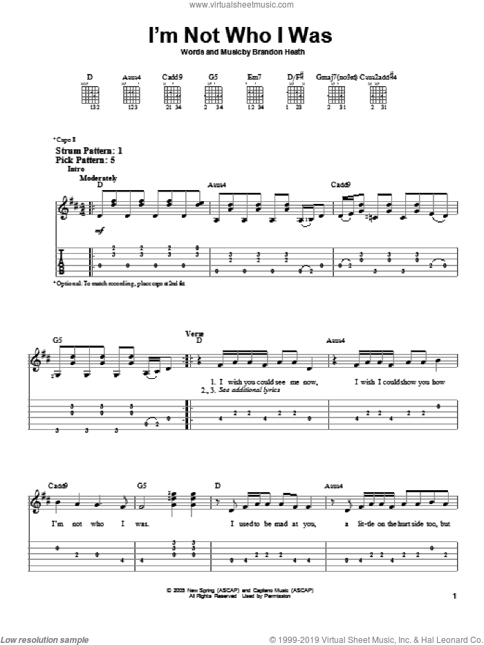 I'm Not Who I Was sheet music for guitar solo (easy tablature) by Brandon Heath, easy guitar (easy tablature)