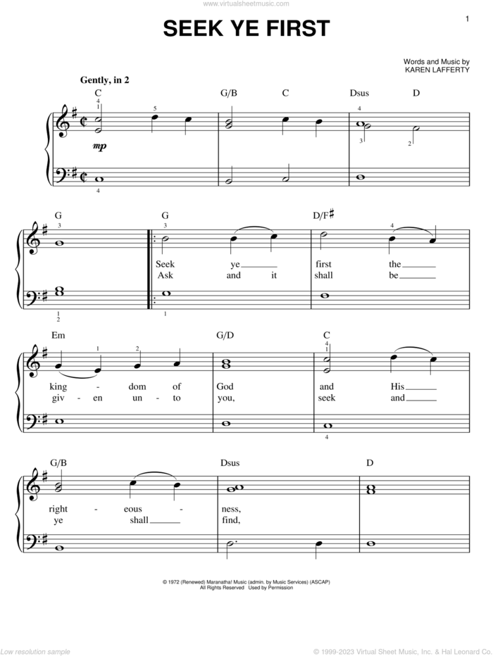 Seek Ye First sheet music for piano solo by Karen Lafferty, easy skill level