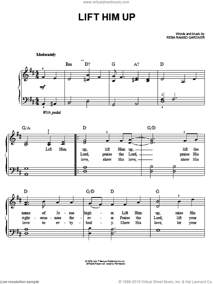 Lift Him Up sheet music for piano solo by Reba Rambo Gardner, easy skill level