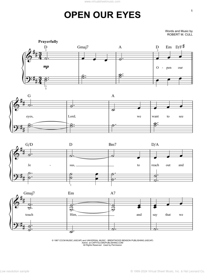 Open Our Eyes sheet music for piano solo by Bob Cull, easy skill level