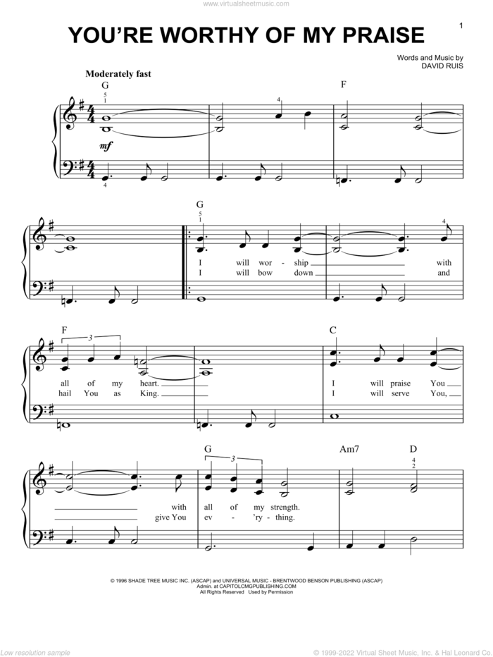 You're Worthy Of My Praise sheet music for piano solo by Passion and David Ruis, easy skill level