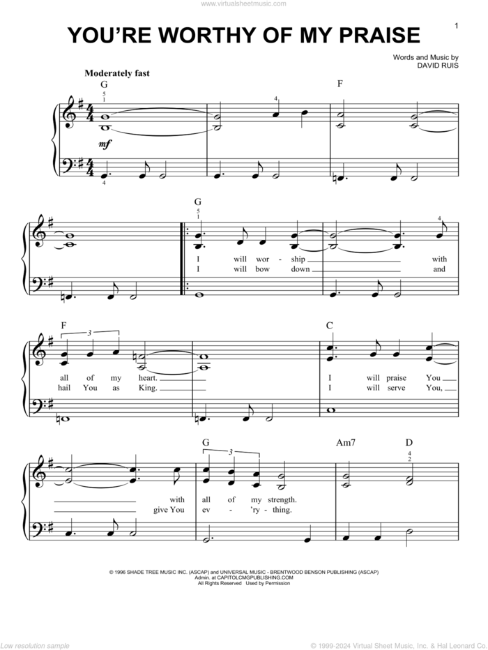 You're Worthy Of My Praise sheet music for piano solo by Passion and David Ruis, easy skill level