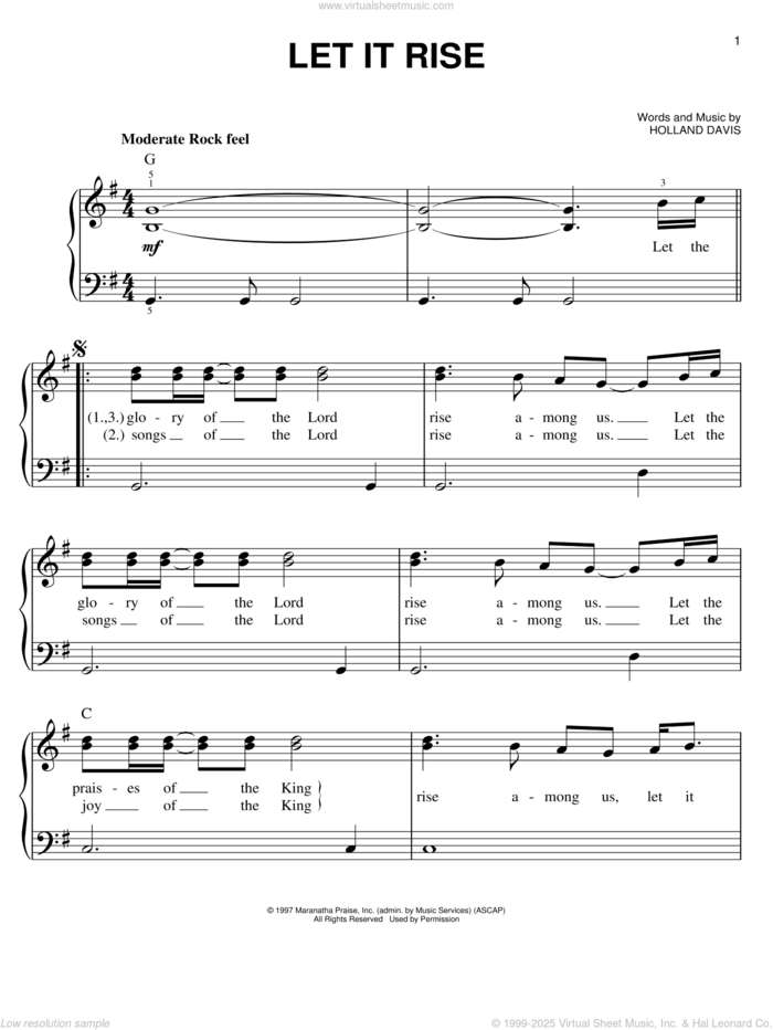 Let It Rise sheet music for piano solo by Holland Davis, easy skill level