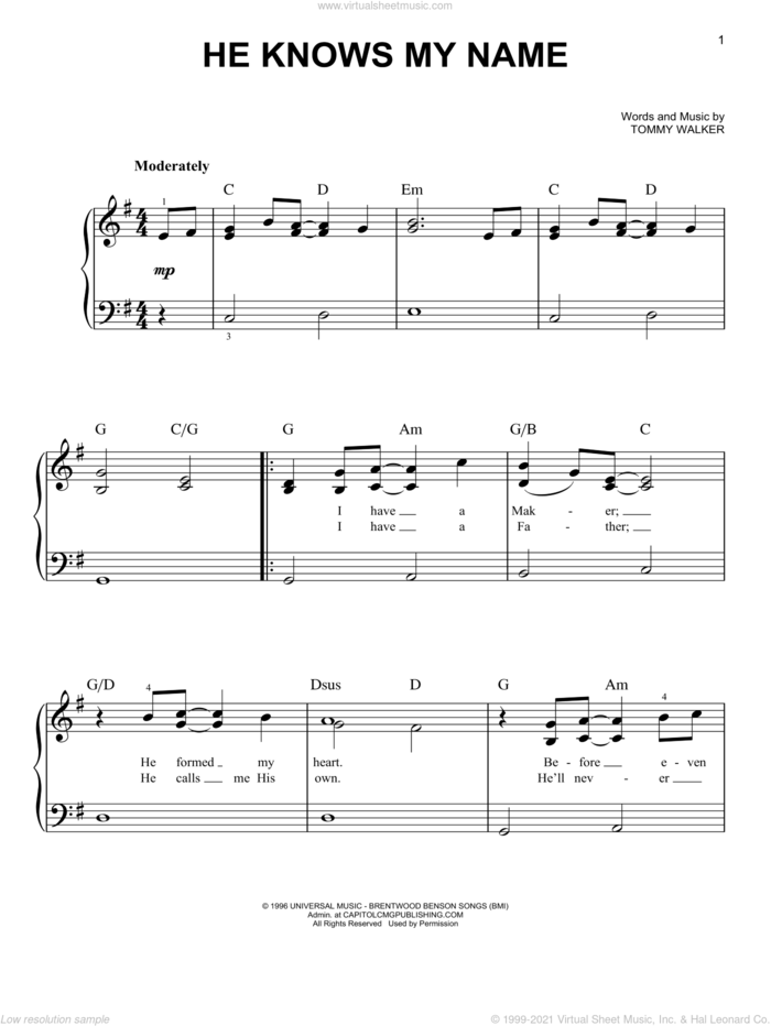 He Knows My Name sheet music for piano solo by Tommy Walker, easy skill level