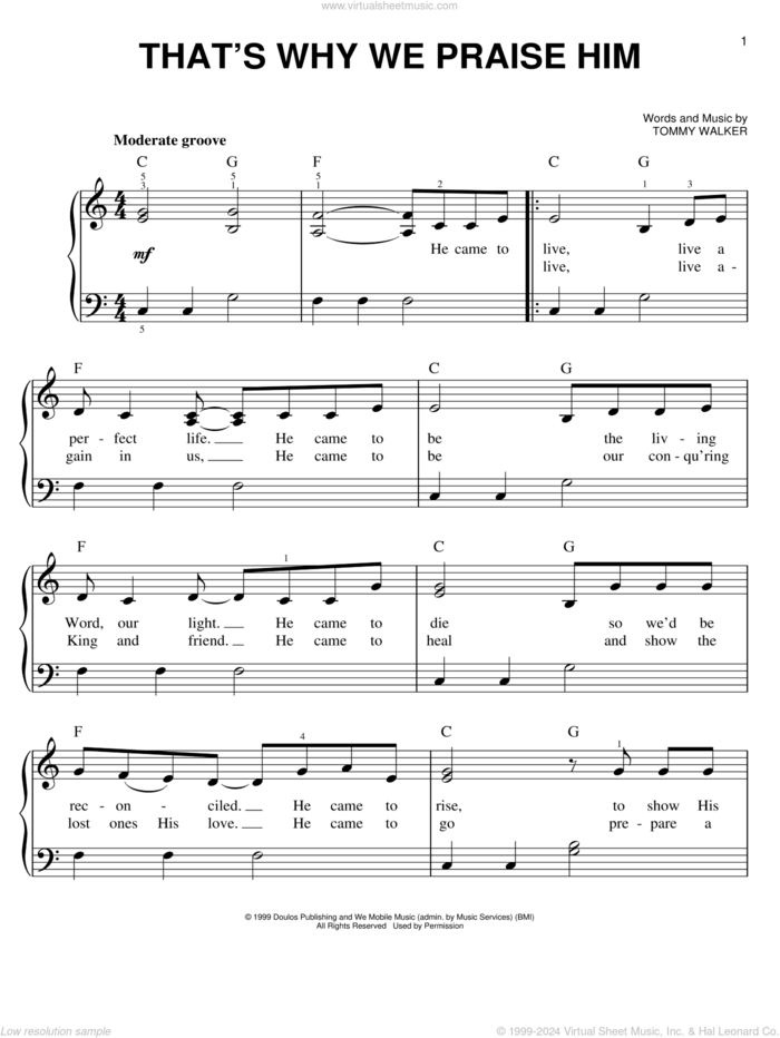That's Why We Praise Him sheet music for piano solo by Tommy Walker, easy skill level