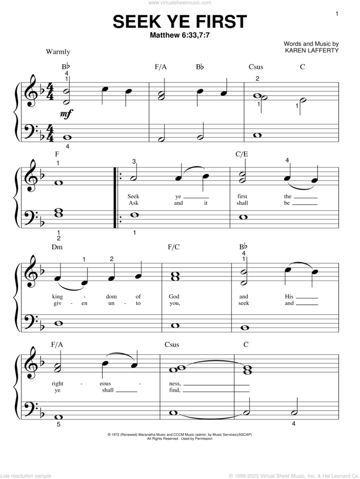Seek Ye First sheet music for piano solo (big note book) by Karen Lafferty, easy piano (big note book)