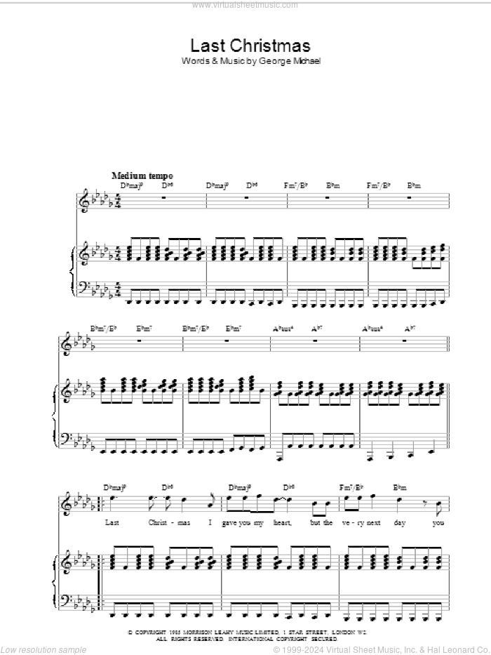 Last Christmas sheet music for voice, piano or guitar by George Michael and Wham!, intermediate skill level