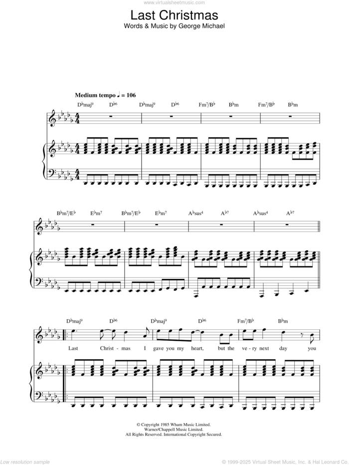 Last Christmas sheet music for voice, piano or guitar by George Michael and Wham!, intermediate skill level