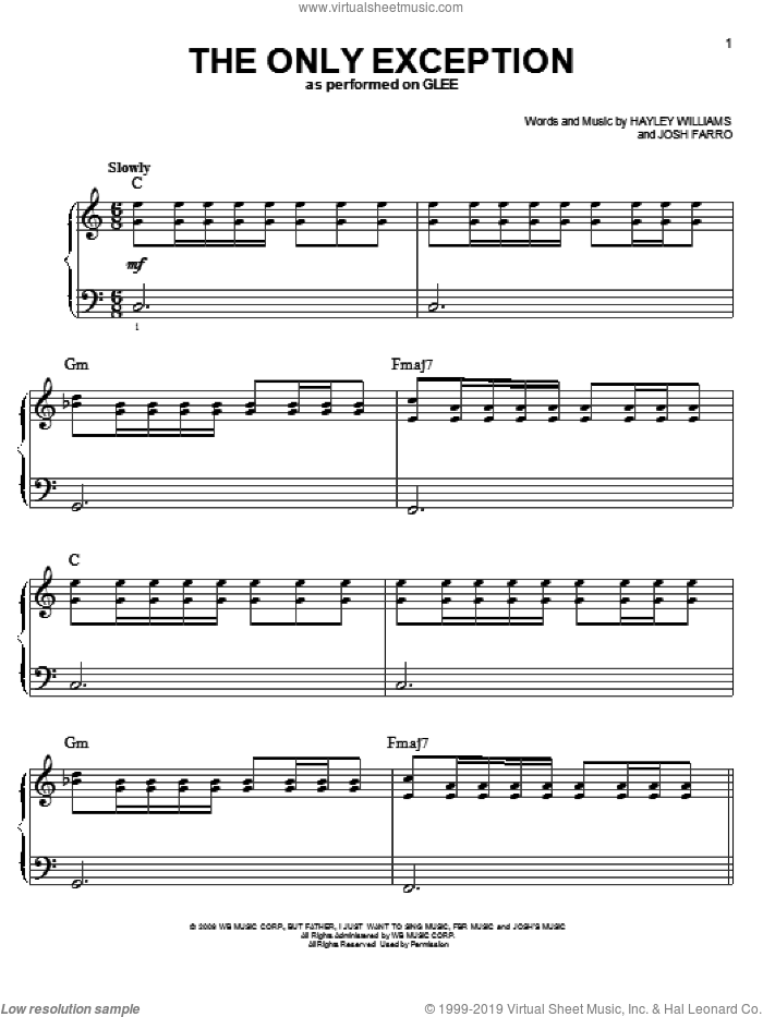 The Only Exception sheet music for piano solo by Glee Cast, Hayley Williams and Josh Farro, easy skill level