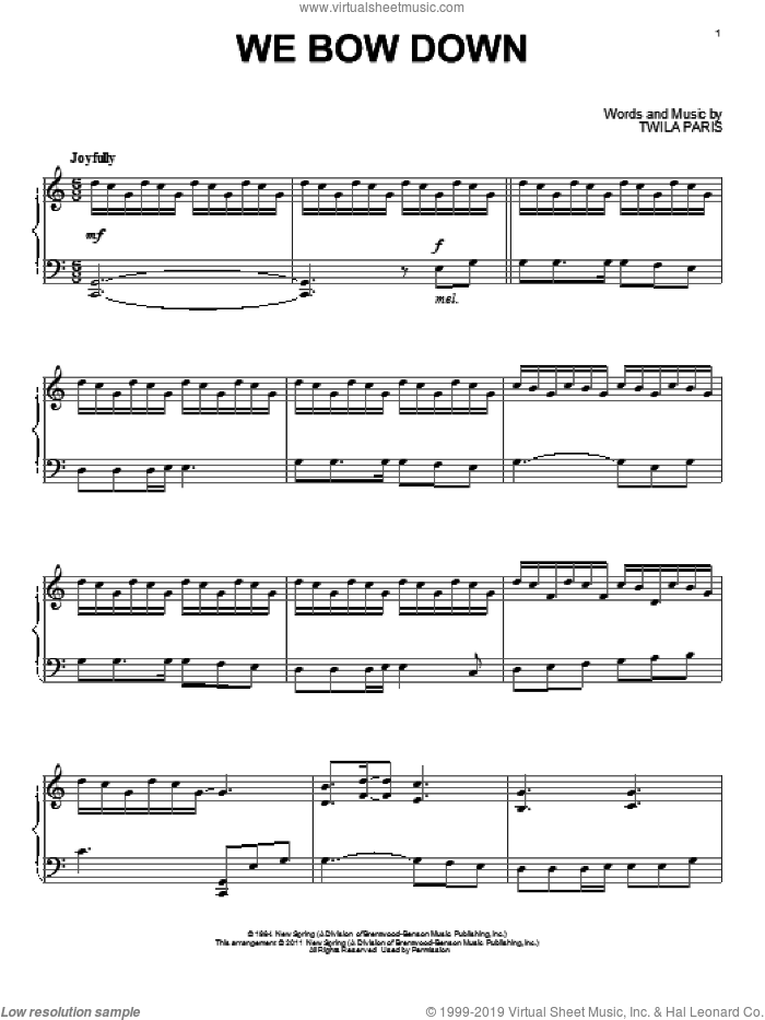 We Bow Down sheet music for piano solo by Twila Paris, intermediate skill level