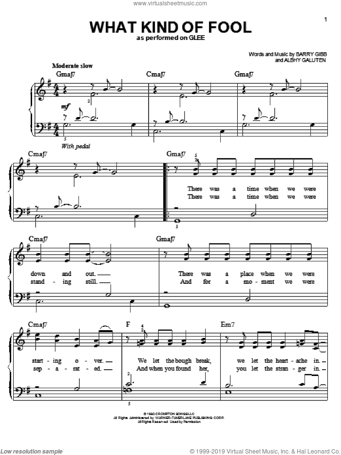 What Kind Of Fool sheet music for piano solo by Glee Cast, Albhy Galuten and Barry Gibb, easy skill level