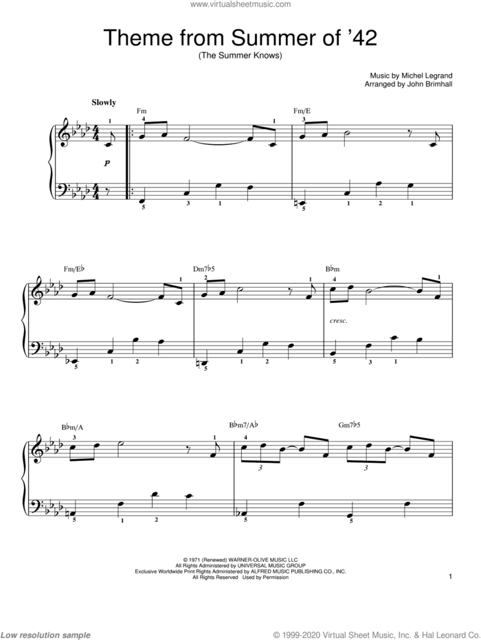 Theme From Summer Of '42 (The Summer Knows) sheet music for piano solo by Michel LeGrand, easy skill level