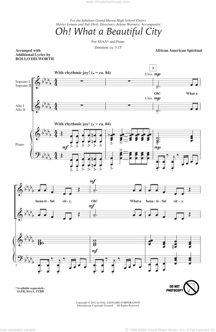 Oh, What A Beautiful City sheet music for choir (SSA: soprano, alto) by Rollo Dilworth and Miscellaneous, intermediate skill level