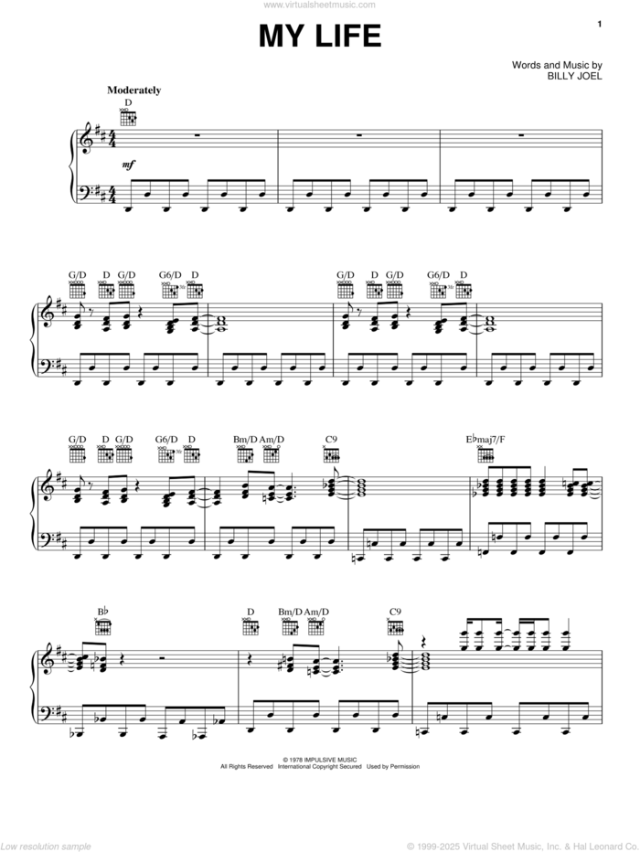 My Life sheet music for voice, piano or guitar by Billy Joel, intermediate skill level