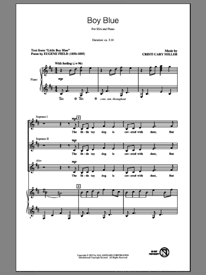 Boy Blue sheet music for choir (SSA: soprano, alto) by Cristi Cary Miller and Eugene Field, intermediate skill level