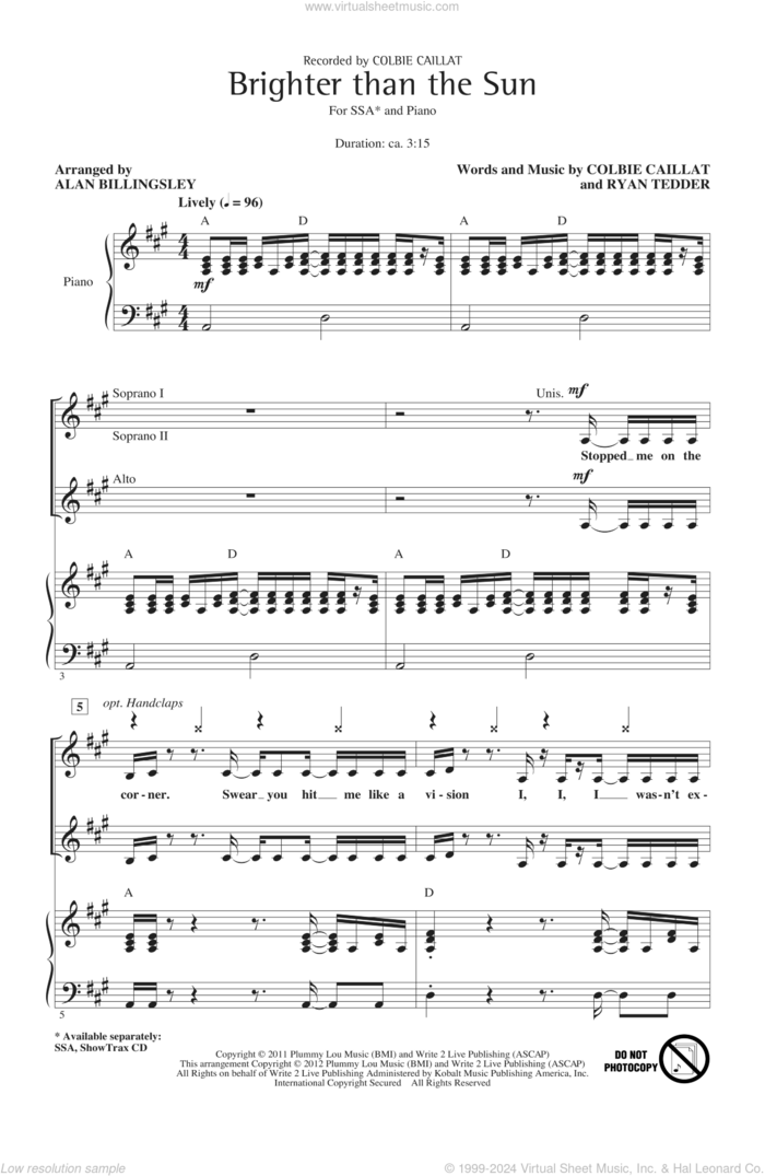 Brighter Than The Sun (arr. Alan Billingsley) sheet music for choir (SSA: soprano, alto) by Colbie Caillat, Alan Billingsley and Ryan Tedder, intermediate skill level