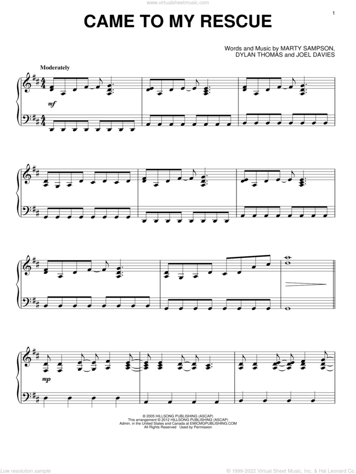 Came To My Rescue, (intermediate) sheet music for piano solo by Hillsong United, Dylan Thomas, Joel Davies and Marty Sampson, intermediate skill level