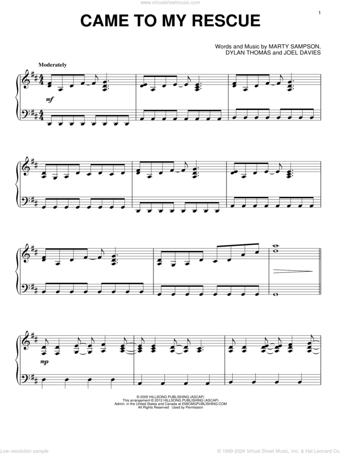 Came To My Rescue, (intermediate) sheet music for piano solo by Hillsong United, Dylan Thomas, Joel Davies and Marty Sampson, intermediate skill level