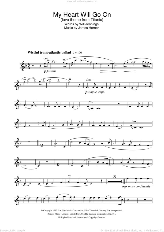 My Heart Will Go On (Love Theme from Titanic) sheet music for flute solo by Celine Dion, James Horner and Will Jennings, wedding score, intermediate skill level