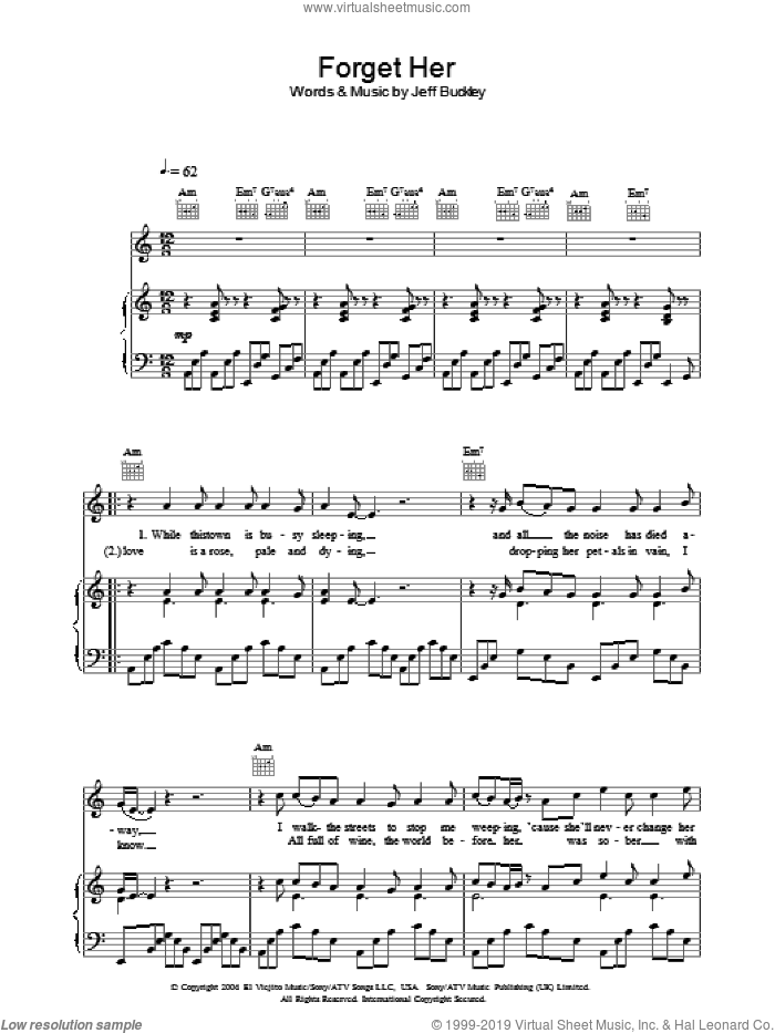 Forget Her sheet music for voice, piano or guitar by Jeff Buckley, intermediate skill level