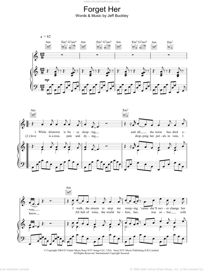 Forget Her sheet music for voice, piano or guitar by Jeff Buckley, intermediate skill level