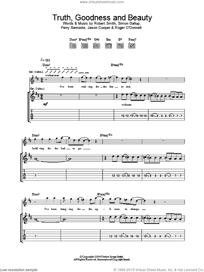 Truth, Goodness And Beauty sheet music for guitar (tablature) by The Cure, Jason Cooper, Perry Bamonte, Robert Smith and Simon Gallup, intermediate skill level