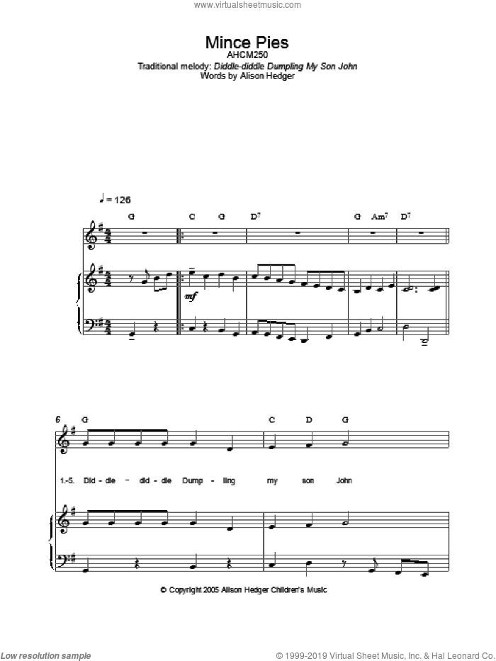 Mince Pies sheet music for voice, piano or guitar by Alison Hedger and Miscellaneous, intermediate skill level