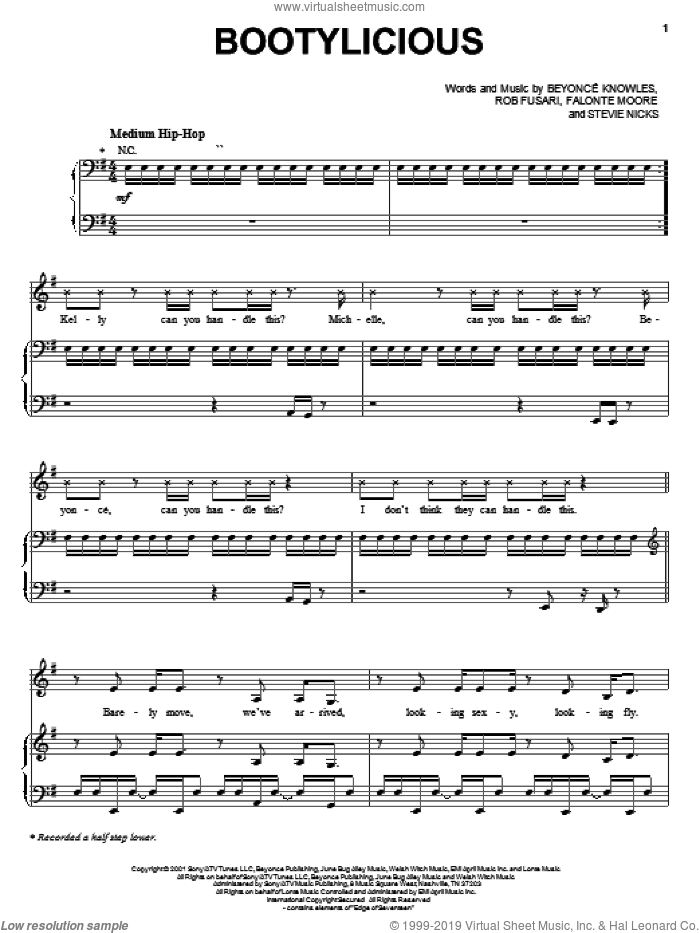 Bootylicious sheet music for voice, piano or guitar by Destiny's Child, Beyonce, Falonte Moore and Rob Fusari, intermediate skill level