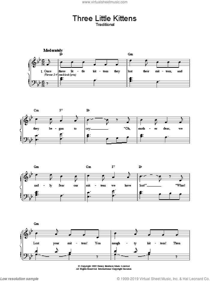Three Little Kittens sheet music for voice, piano or guitar, intermediate skill level