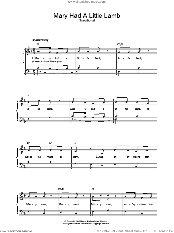 Mary Had A Little Lamb sheet music for voice, piano or guitar, intermediate skill level
