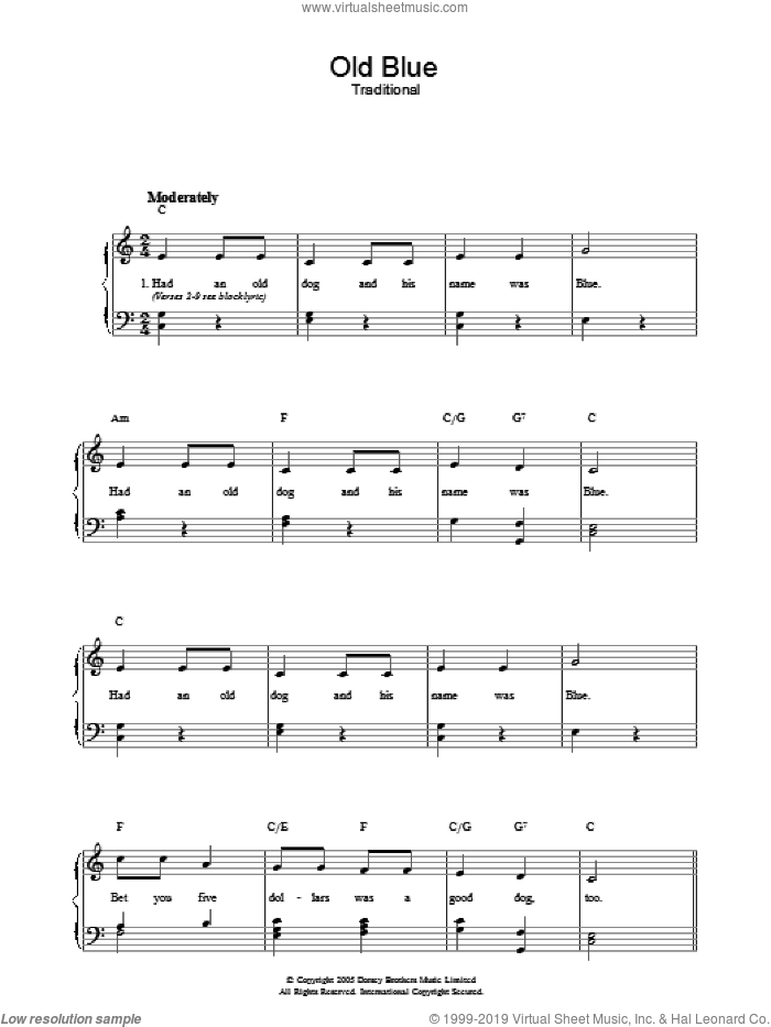 Old Blue sheet music for voice, piano or guitar, intermediate skill level